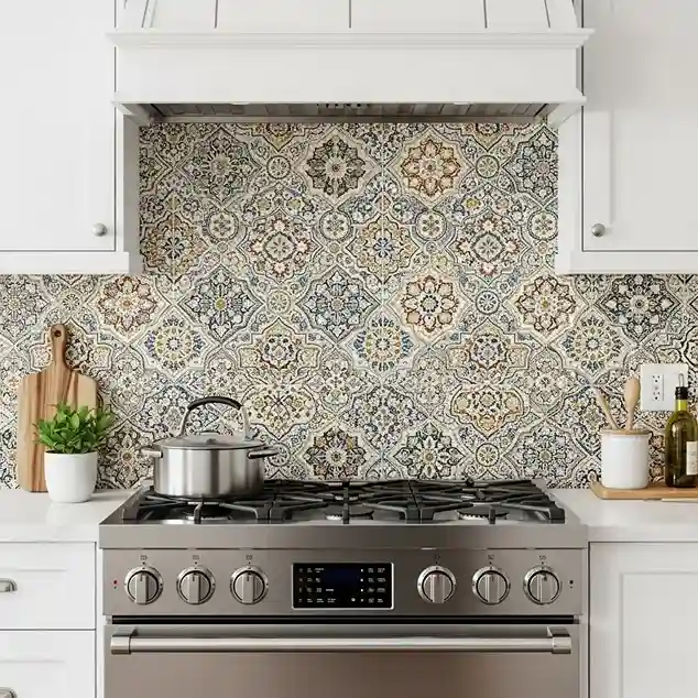 Elegant kitchen with patterned backsplash.