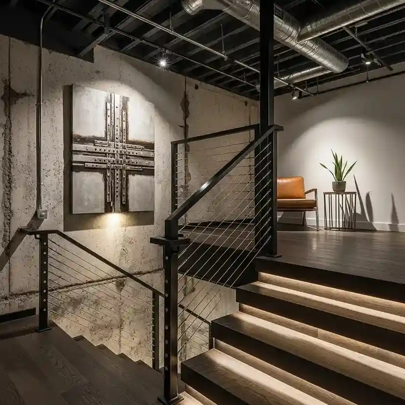 Basement Stairwell Design Glass and Metal Railings