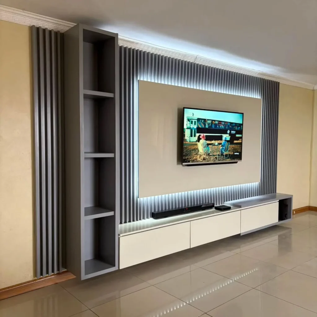 Wood accent walls behind tv