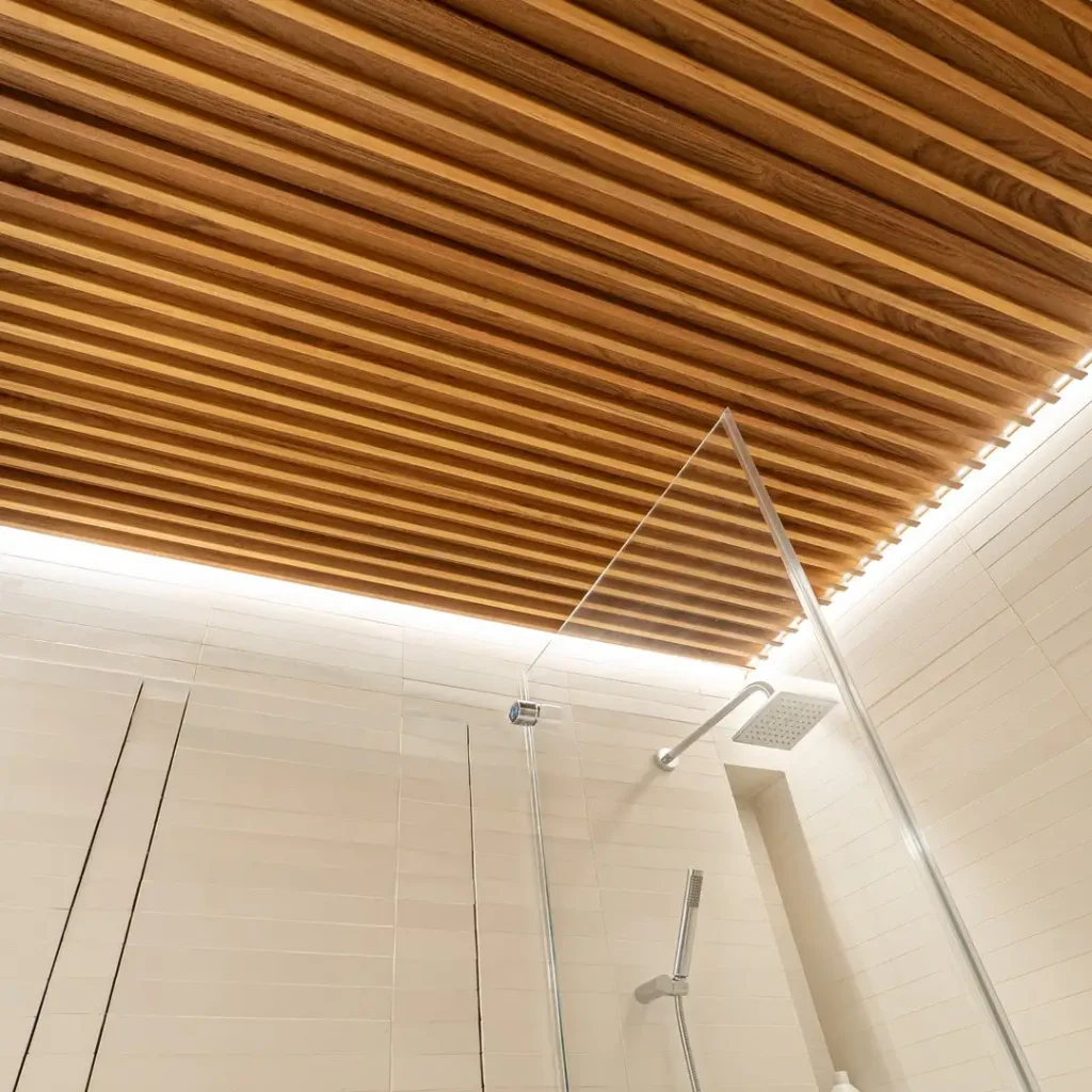 slat wood ceiling Mixed-Width Pattern for Visual Intrigue